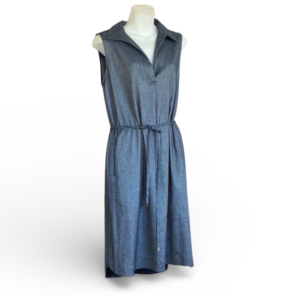 BEAUTIFUL Lustrous Blue Linen Dress, Sleeveless Pockets, Belt, Side Slits L